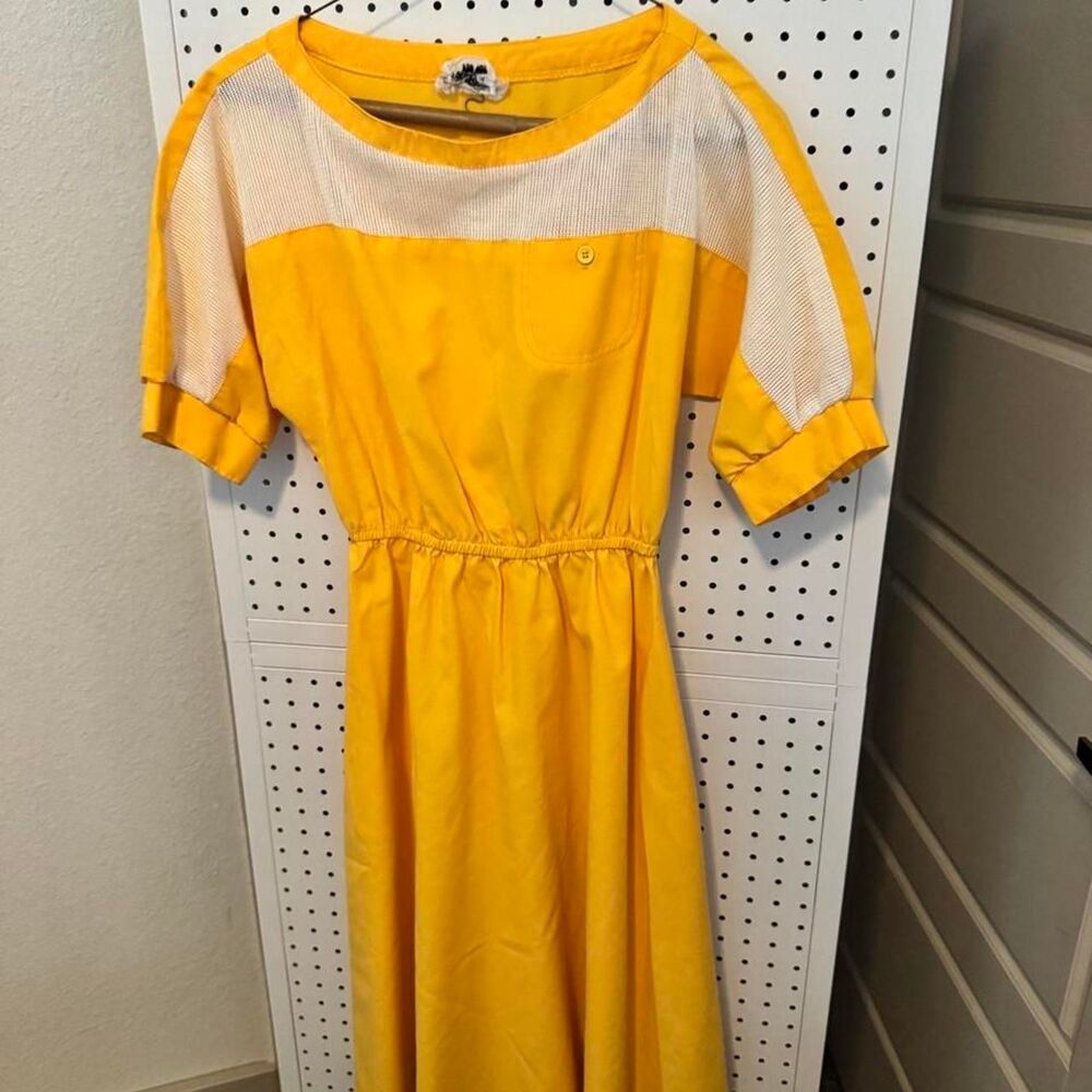 Vintage 1970s ACT I New York Yellow Mesh Yoke Midi Dress